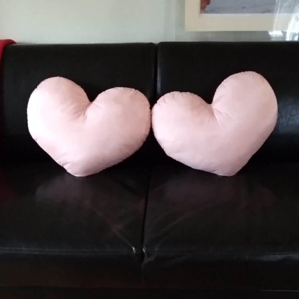 Pair of Lg Baby Pink Satin Heart Pillows 17.5" W x 13.5" L  x 7.5" D